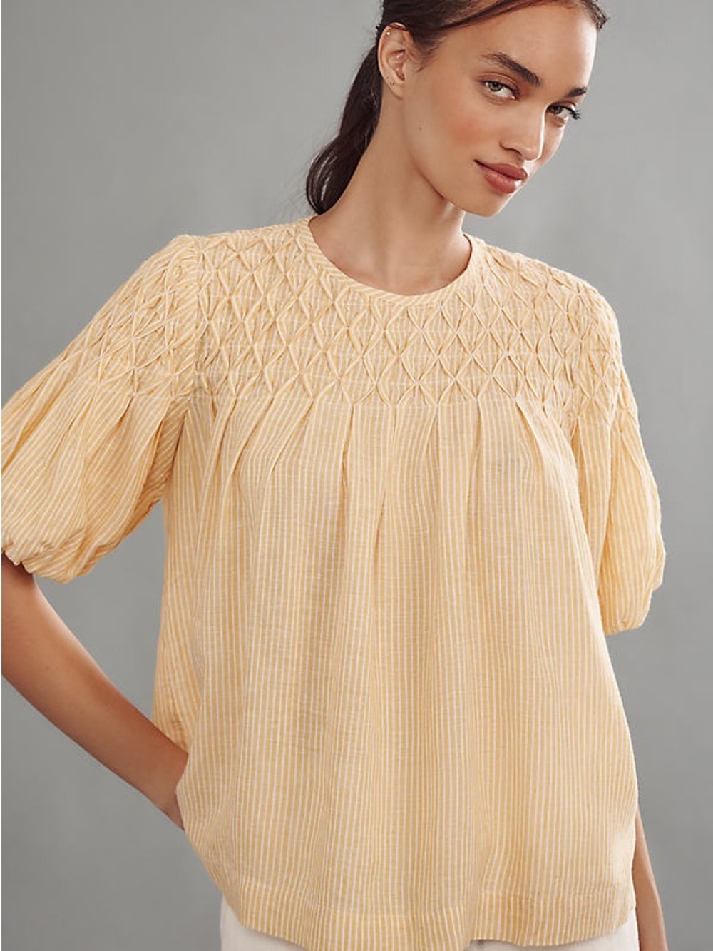 Anthropologie Lemon Yellow Smocked Yoke Puff-Sleeve Top